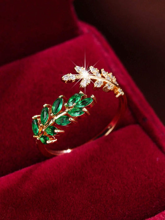 Cubic Zirconia Leaf Decor Cuff Ring