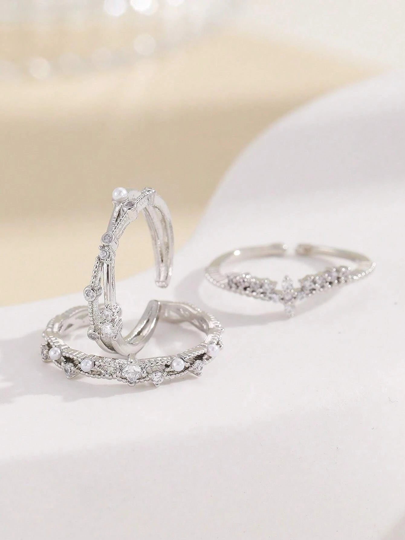 3Pcs Faux Pearl & Rhinestone Decor Cuff Ring