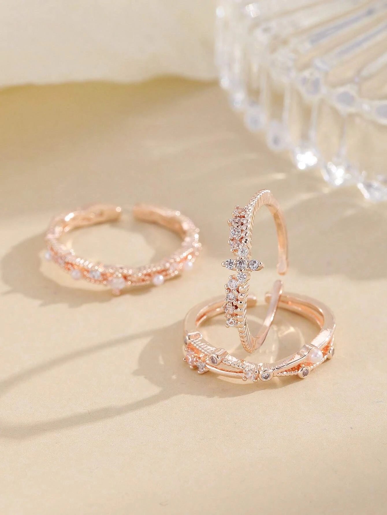 3Pcs Faux Pearl & Rhinestone Decor Cuff Ring