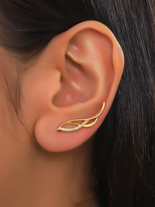 1Pc Copper Jewelry Simple & Classy & Versatile & Fashionable Leaf Design Cubic Zirconia Earrings for Women