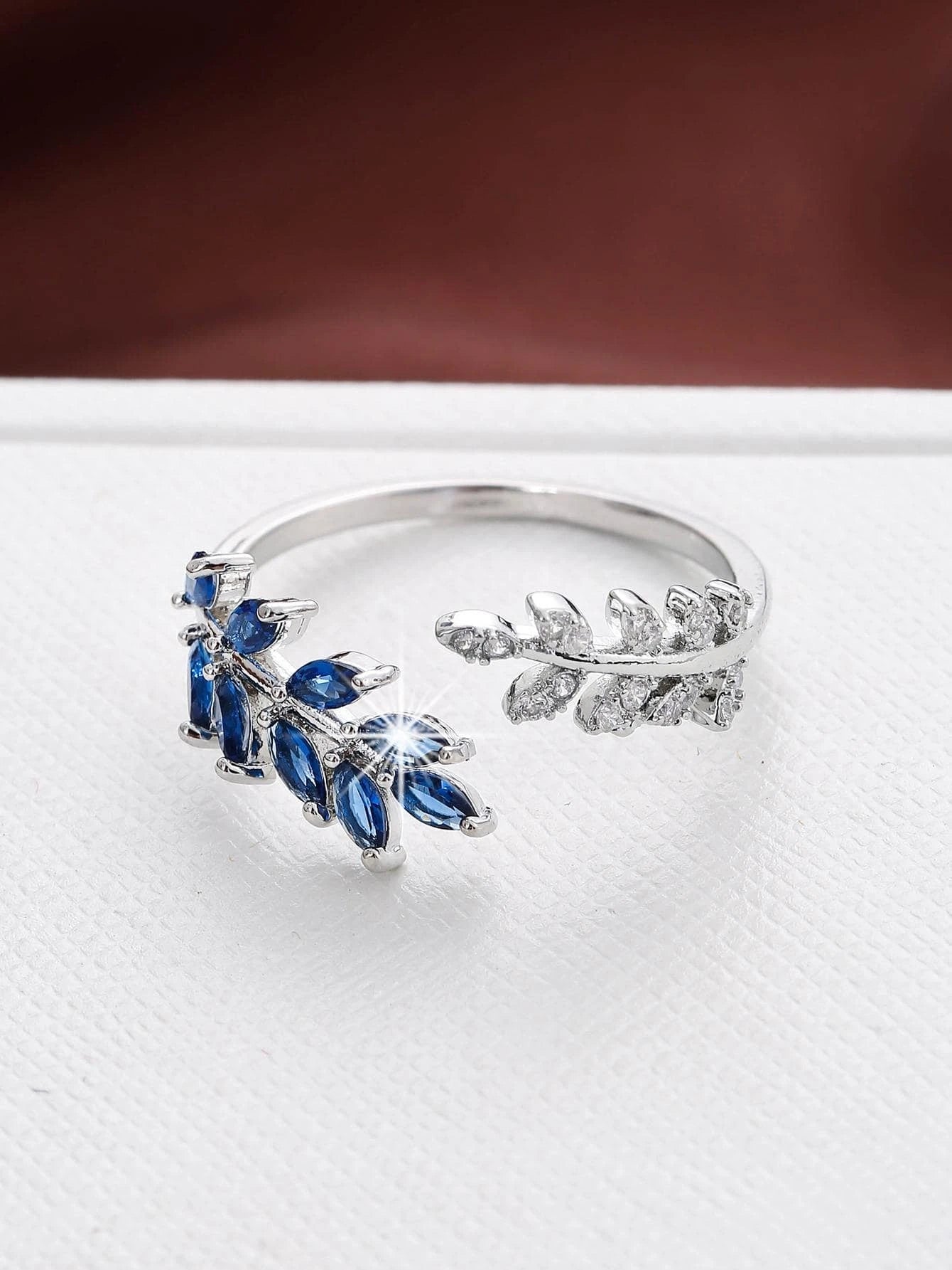 Cubic Zirconia Leaf Decor Cuff Ring