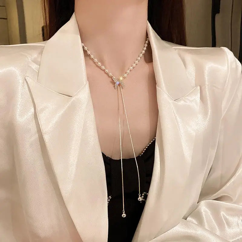 Fashion Adjustable Tassel Pearl Chain Necklace for Women 2025 Trend Rhinestone Butterfly Necklace Wedding Jewelry Birthday Gifts