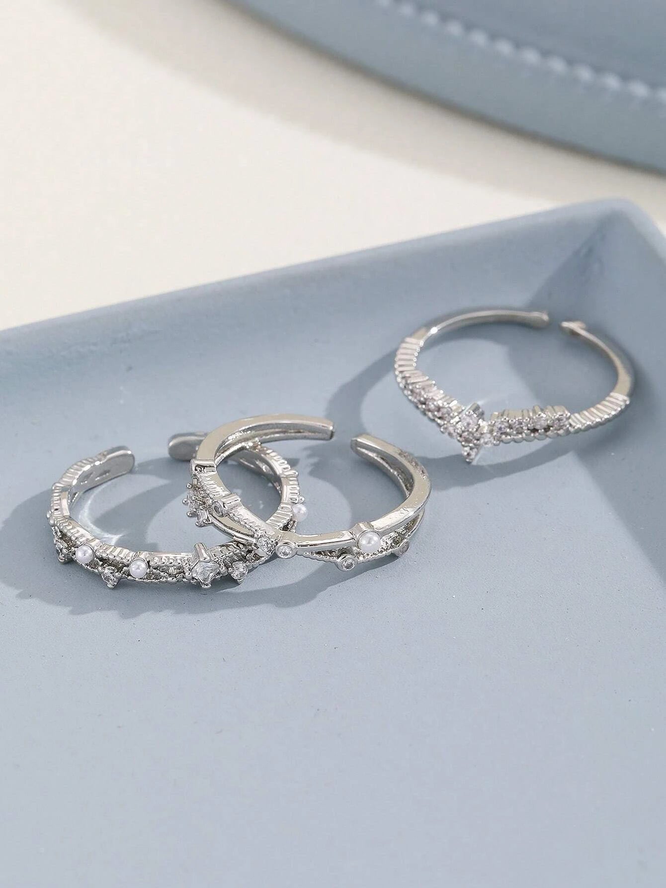 3Pcs Faux Pearl & Rhinestone Decor Cuff Ring