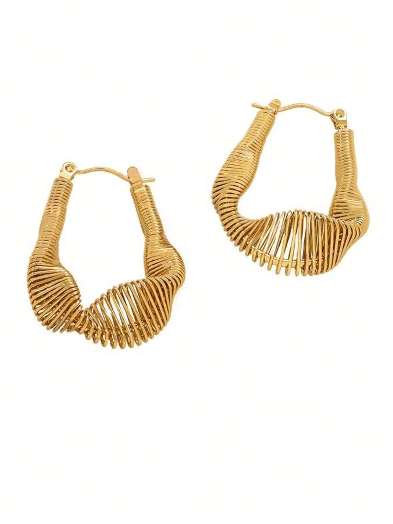 1Pair Fashionable & Elegant Twisted Asymmetrical Coil Design 18K Gold-Plated Stainless Steel Earrings Suitable for Women'S Daily Wear