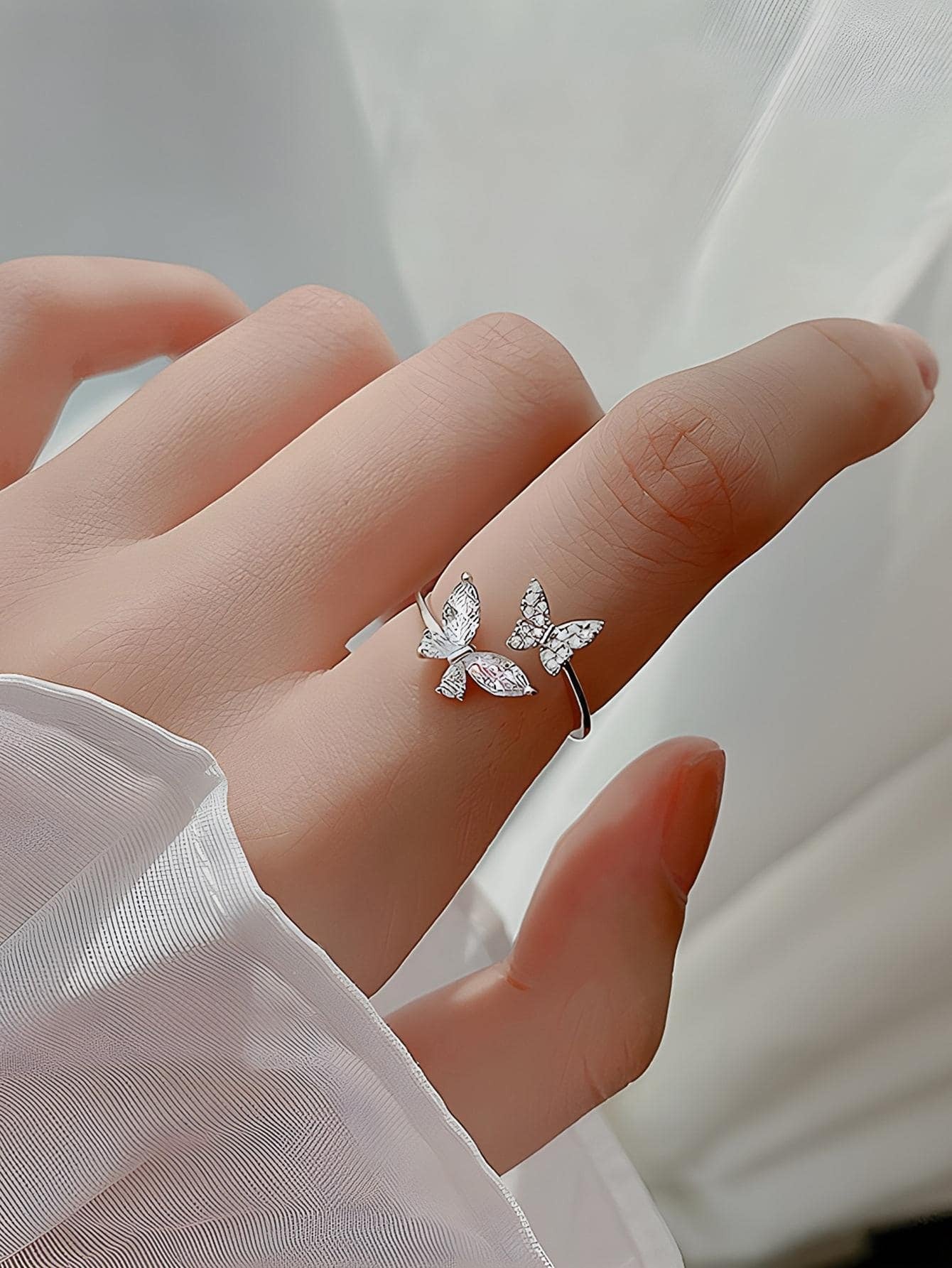 ELSEDES 1Pc Glamorous Cubic Zirconia Butterfly Decor Silver Cuff Ring for Women for Daily Decoration Wedding Engagement Bridal Jewelry