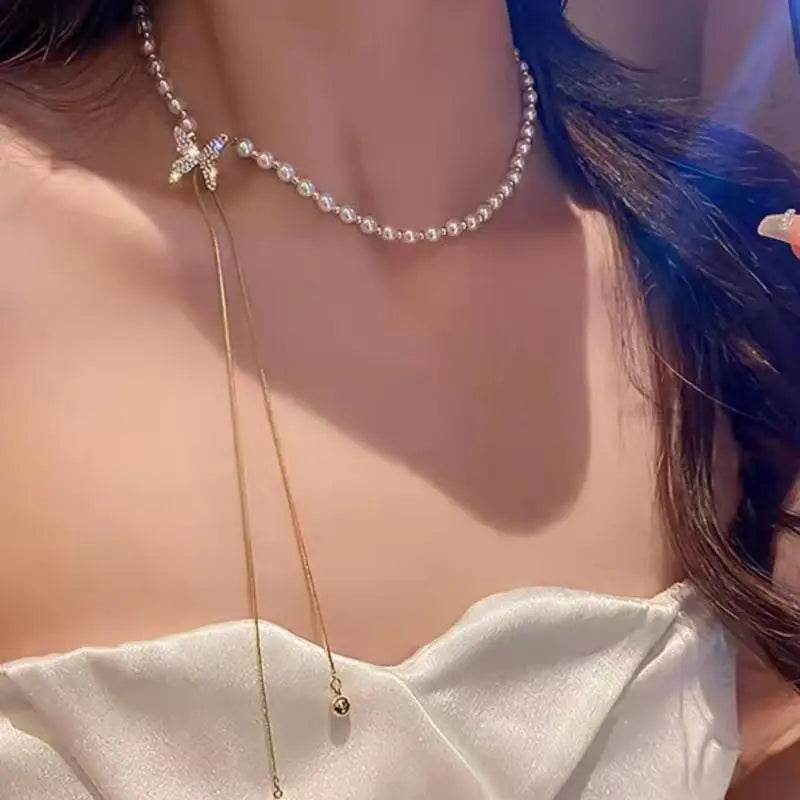 Fashion Adjustable Tassel Pearl Chain Necklace for Women 2025 Trend Rhinestone Butterfly Necklace Wedding Jewelry Birthday Gifts