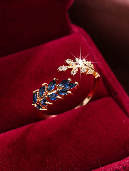 Cubic Zirconia Leaf Decor Cuff Ring