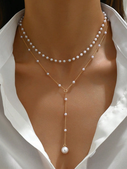 1Pc Gold Y-Shaped Design Layered Necklace, Details Decorated with Rhinestones & Faux Pearl, Suitable for Daily Wear by Women, Friendship Gifts, Banquet Parties(Handmade Chain Cut to Size, Variable Number of Pearls, Variable Size of Rhinestones)