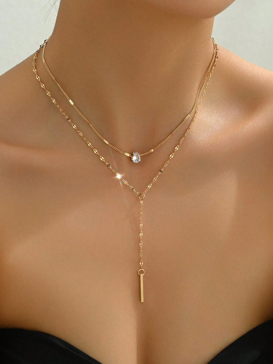 1Pc Gold Y-Shaped Design Layered Necklace, Details Decorated with Rhinestones & Faux Pearl, Suitable for Daily Wear by Women, Friendship Gifts, Banquet Parties(Handmade Chain Cut to Size, Variable Number of Pearls, Variable Size of Rhinestones)