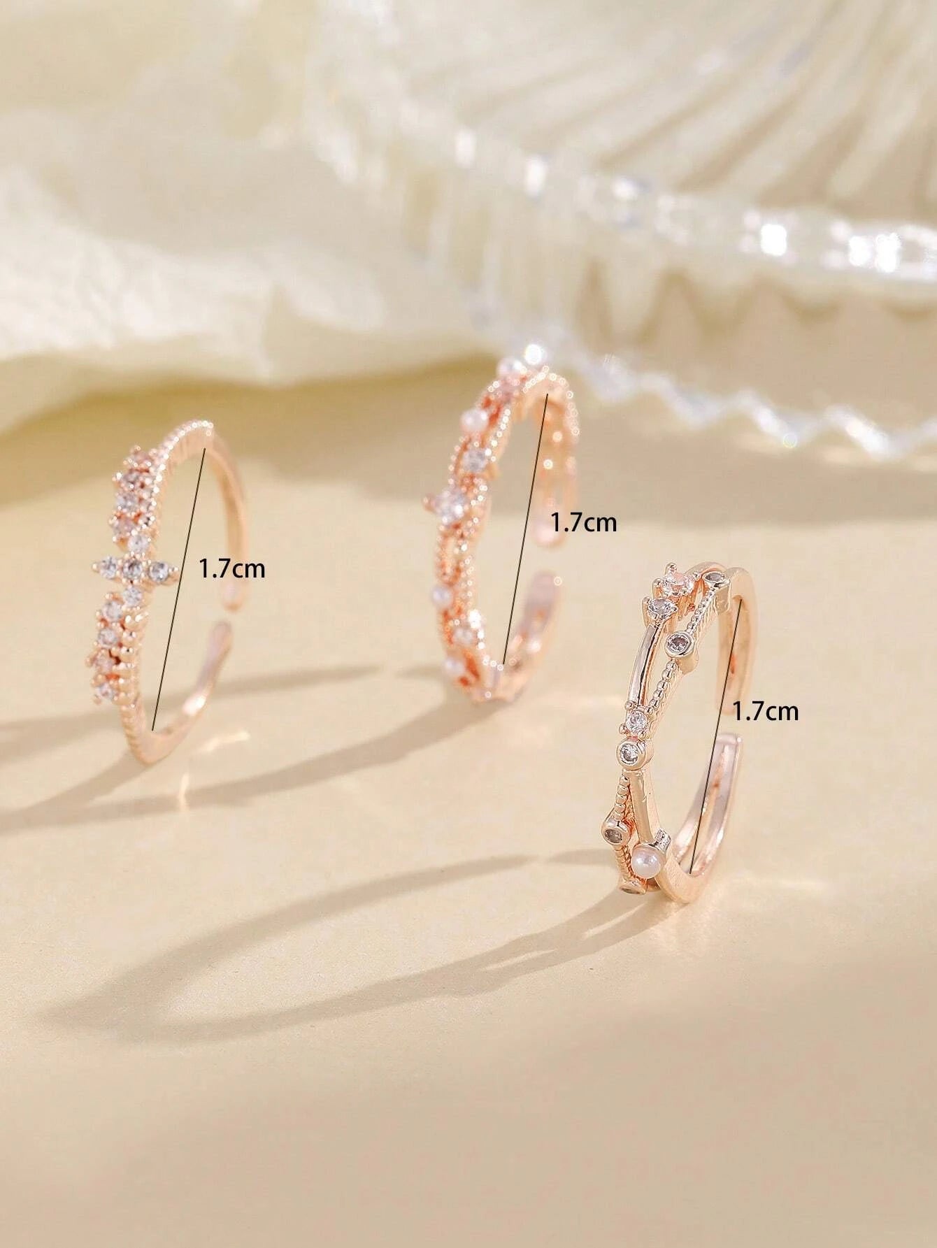 3Pcs Faux Pearl & Rhinestone Decor Cuff Ring