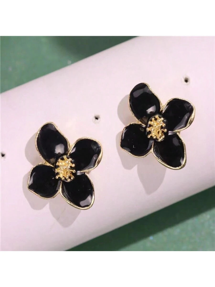 1 Pair Fashionable Hibiscus Flower Glazed Vintage/Retro Flower Stud Earrings, Versatile Jewelry Accessories Valentines