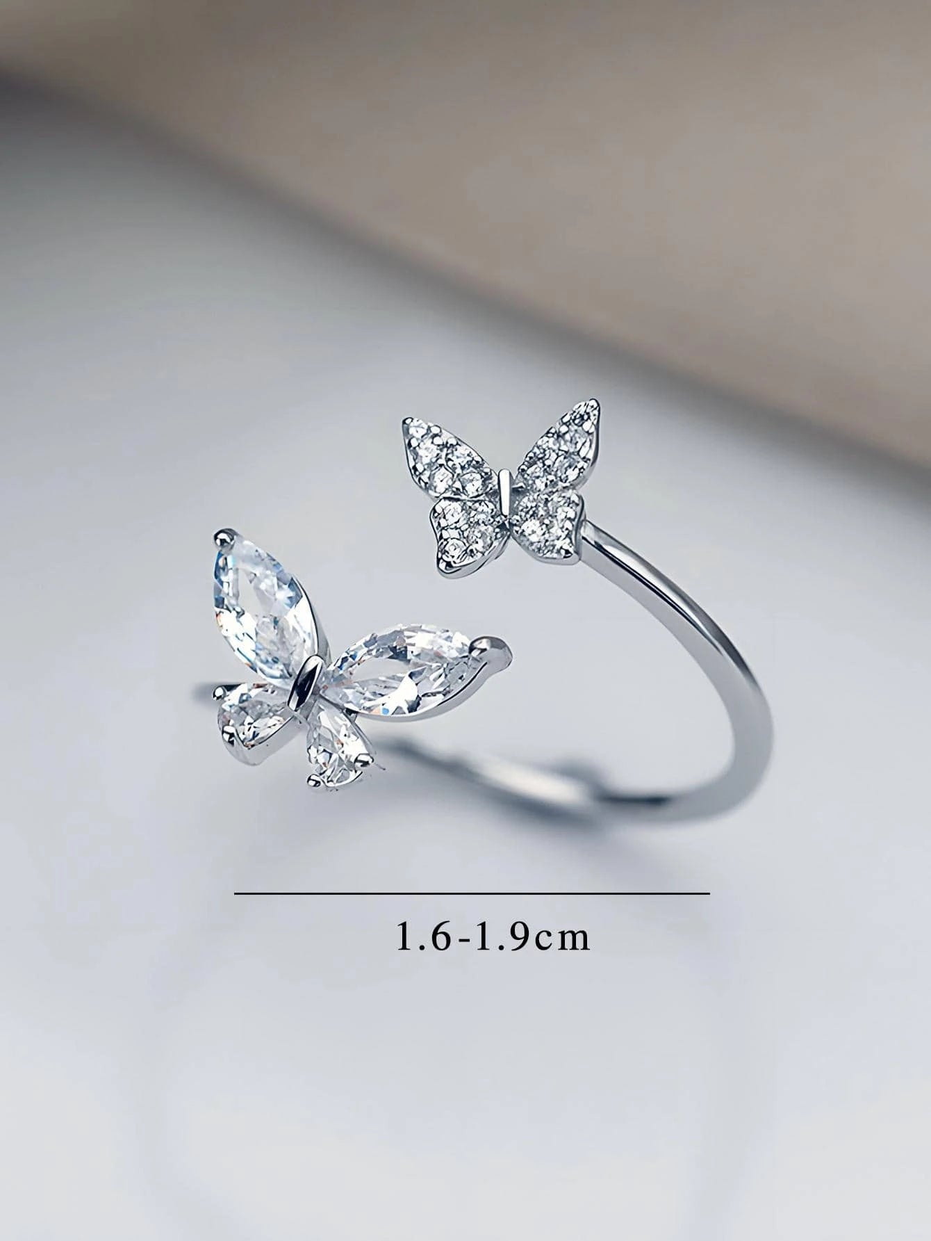 ELSEDES 1Pc Glamorous Cubic Zirconia Butterfly Decor Silver Cuff Ring for Women for Daily Decoration Wedding Engagement Bridal Jewelry