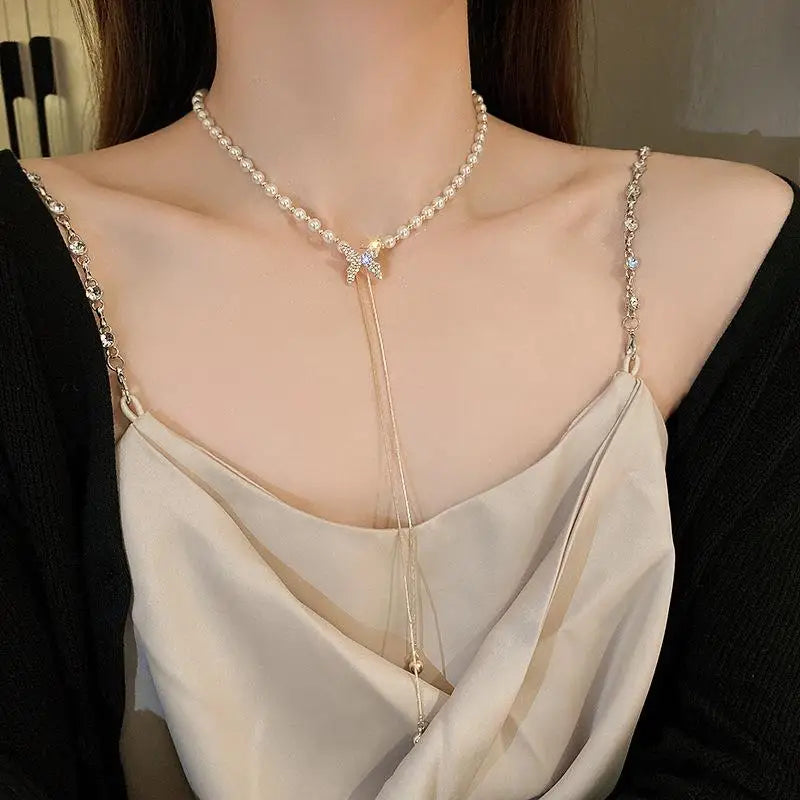Fashion Adjustable Tassel Pearl Chain Necklace for Women 2025 Trend Rhinestone Butterfly Necklace Wedding Jewelry Birthday Gifts