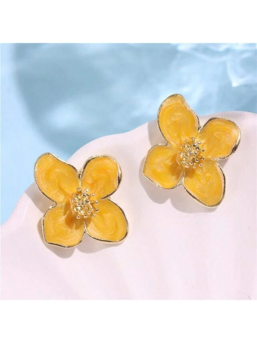 1 Pair Fashionable Hibiscus Flower Glazed Vintage/Retro Flower Stud Earrings, Versatile Jewelry Accessories Valentines