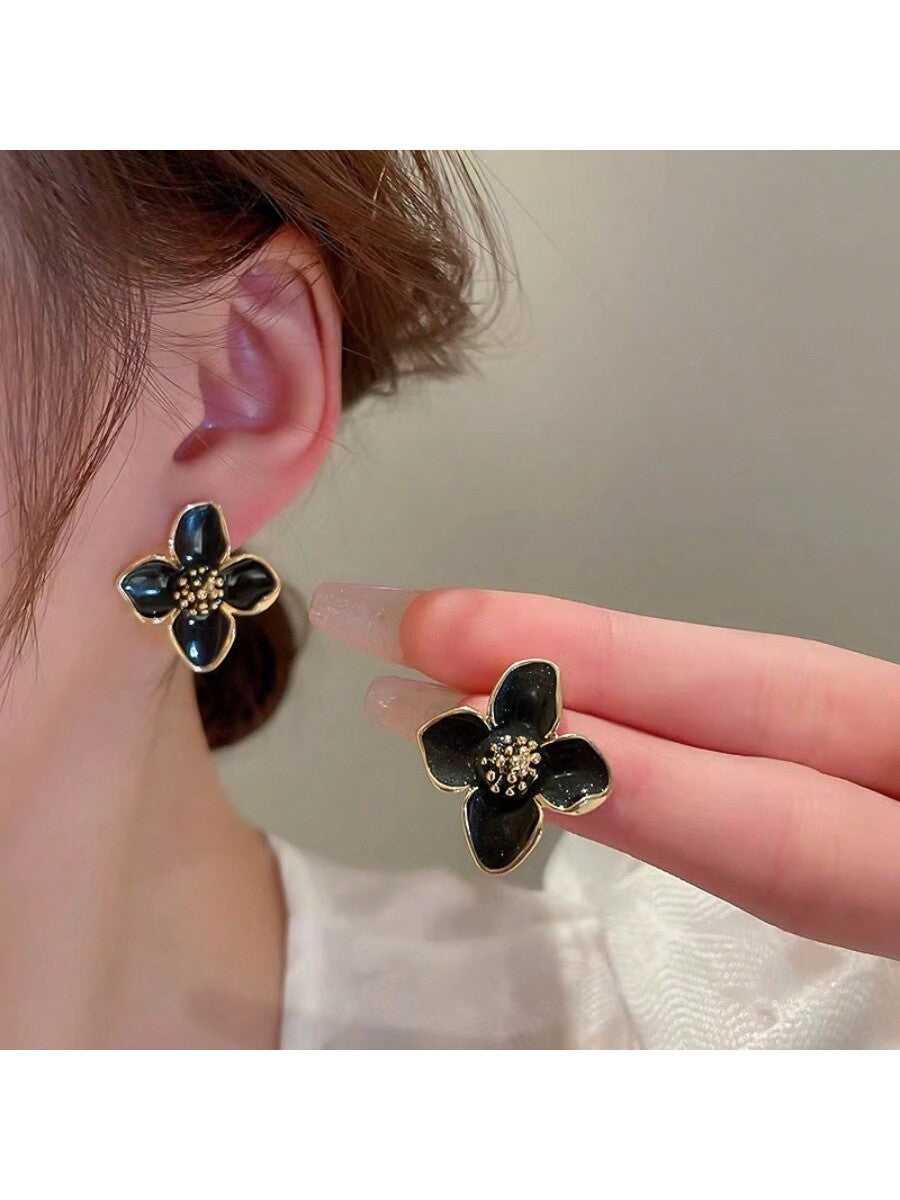 1 Pair Fashionable Hibiscus Flower Glazed Vintage/Retro Flower Stud Earrings, Versatile Jewelry Accessories Valentines