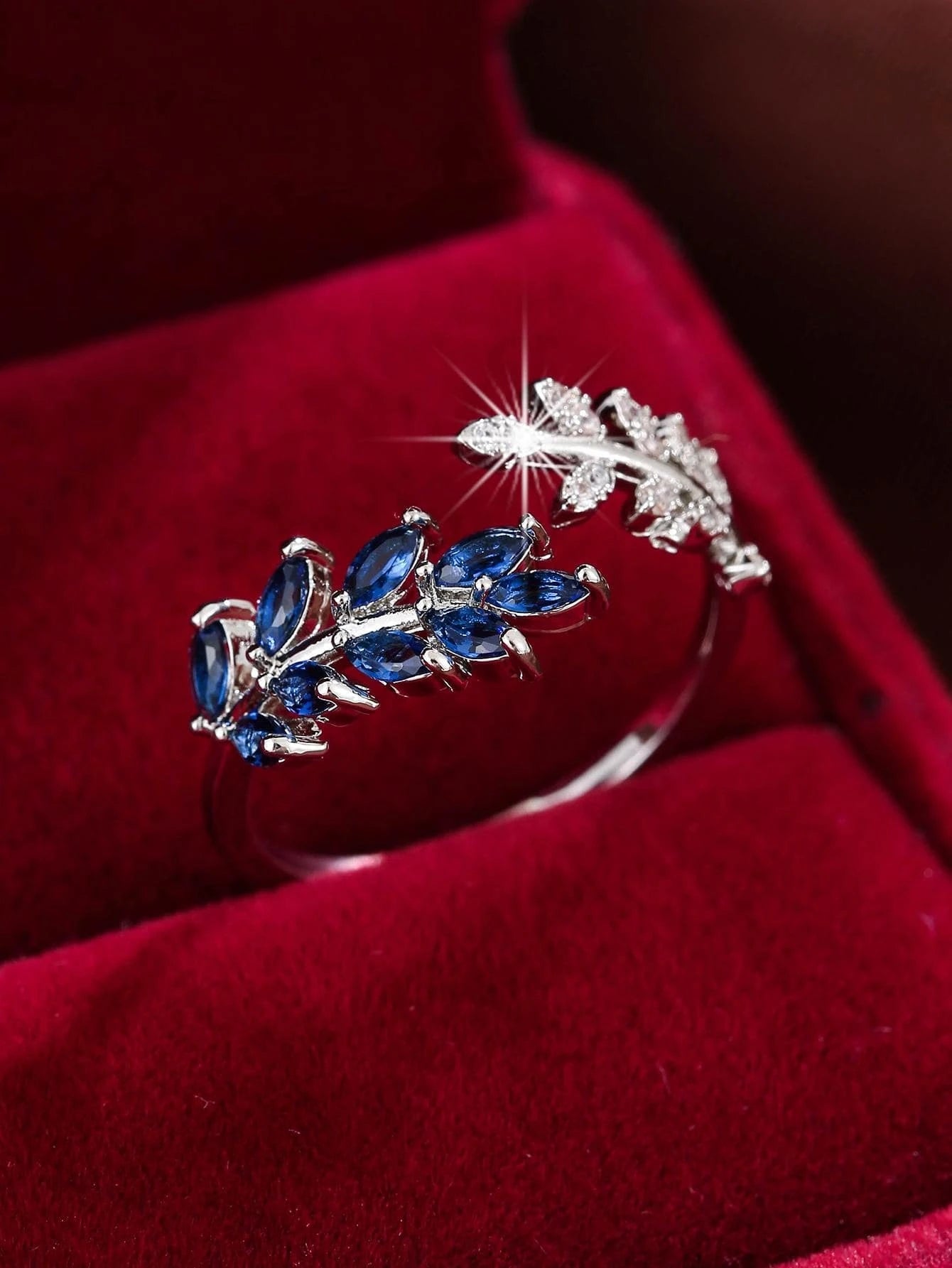Cubic Zirconia Leaf Decor Cuff Ring